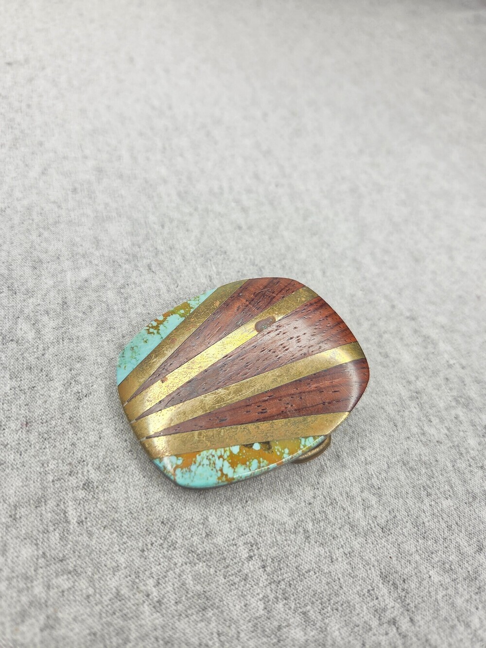Vintage Handmade Exotic Wood Turquoise and Brass Inlay Belt Buckle Womens